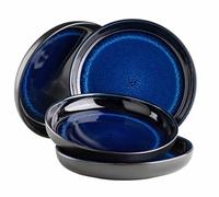 MÄSER Série Niara Ensemble d'assiettes creuses modernes pour 4 personnes au look vintage passionnant, grandes assiettes profondes pour pâtes et soupes en céramique, grès, bleu/noir