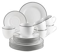 Mäser, Série Nola Service à café 6 personnes moderne blanc avec bord noir 18 pièces avec tasses à café, soucoupes et assiettes à dessert - Service à café rond, blanc