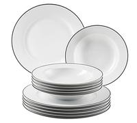 Mäser, Série Nola Service de table pour 6 personnes, moderne, blanc avec bord noir, 12 pièces avec assiettes plates et assiettes creuses, service de table rond, blanc