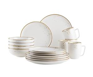 MÄSER Série Pintar Service de table de qualité supérieure pour 4 personnes, 16 pièces avec vernis clair, taches marron visuelles et bord fin, aspect vintage fait à la main, porcelaine