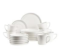 MÄSER, Série Sita Service d'assiettes pour 6 personnes, vaisselle en porcelaine blanche avec bord noir, sobre, élégant, porcelaine, blanc