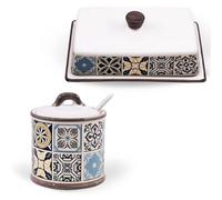 Maestro Holiday in Porto - Ensemble sucrier 300 ml avec cuillère et beurrier en céramique décorative, design portugais bleu et blanc, MR-20005