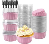 Mafagwre Lot De 50 Mini Moules À Gâteaux En Aluminium Avec Couvercles, Muffins Métalliques Bol, Petites Plats De Cuisson Rond En Papier D'aluminium Pour Mariage Anniversaire Pique-Nique Fête (A)