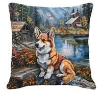 MAFANG 11CT Ensemble De Housses D'Oreiller Brodées Bricolage Kits De Broderie Chien Et Paysage Corgi Pour Adultes Débutants Coussin Au Point De Croix/Ensemble De Coussins À Broder A 45x45cm
