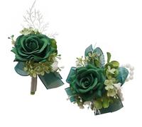 MAFELOE Lot de 2 Corsage et boutonnière pour Mariage, Bal de Fin d'année, fête des retrouvailles, Accessoires de Fleurs artificielles, décoration de Costume, Vert foncé