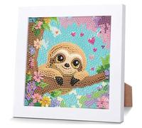 Mafenr Art Peinture diamant paresseux pour enfants avec cadre en bois, animaux à partir de 4, 6, 8, 10 ans, images de peinture diamant enfants pour cadeaux et décoration de famille, 18 x 18 cm