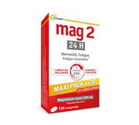MAG 2 - 24H MAXI PACK PROMO 4 MOIS Complément alimentaire à base de magnésium, vitamine B6 et B12 Anti-nervosité anti-fatigue 3+1 mois offert Programme 120 jours comprimés libération prolongée Comprim