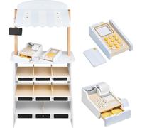 mamabrum Stand Marchande Enfants en Bois 99CM - Jeu d'Imitation avec Caisse Enregistreuse, Terminal de Paiement, Fruits, Légumes, Tableau de Craie (15 Items)