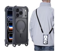 MAGEASY Coque conçue pour iPhone 17 Pro avec sangle - Protection contre les chutes de 6 m compatible avec MagSafe, cadre intégré en cuir | Odyssey Strap M (cuir minuit)