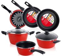 Magefesa GRANA Set de casseroles, 5 pièces, 3 poêles, induction, sans PFOA, couvercle en verre rouge