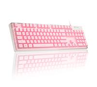 MageGee K1 Clavier de jeu filaire rétroéclairé de 7 couleurs unies avec boîtier transparent et touches à double coup, étanche et ergonomique 104 touches pour PC, ordinateur portable, rose