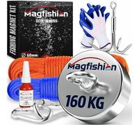 MAGFISHION Aimant Neodyme Puissant - 160 KG - Aimant de Pêche - Ø60mm - Peche a l'aimant avec 2 Cordes, Triple Crochet et Gants - Kit de Pêche Super Magnétique
