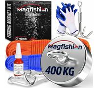 MAGFISHION Aimant Neodyme Puissant - 400 KG - Aimant de Pêche - Ø90mm - Peche a l'aimant avec 2 Cordes, Triple Crochet et Gants - Kit de Pêche Super Magnétique