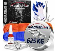 MAGFISHION Aimant Neodyme Puissant - 625 KG - Aimant de Pêche - Ø120mm - Peche a l'aimant avec 2 Cordes, Triple Crochet et Gants - Kit de Pêche Super Magnétique