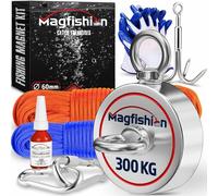 MAGFISHION Aimant Neodyme Puissant - Traction de 150KG - Aimant de Pêche - Ø60mm - Peche a l'aimant avec 2 Cordes, Crochet Triple et Gants - Kit de Pêche Super Magnétique