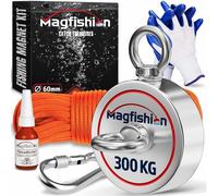 MAGFISHION Aimant Neodyme Puissant - Traction de 300KG (2 x 150kg) - Aimant de Pêche - Ø60mm - Peche a l'aimant avec de Corde (20M) et Gants - Kit de Pêche Super Magnétique