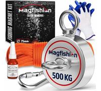 MAGFISHION Aimant Neodyme Puissant - Traction de 500KG (2 x 250kg) - Aimant de Pêche - Ø75mm - Peche a l'aimant avec de Corde (20M) et Gants - Kit de Pêche Super Magnétique