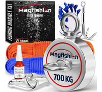 MAGFISHION Aimant Neodyme Puissant - Traction de 700KG (2 x 350KG) - Aimant de Pêche - Ø94mm - Peche a l'aimant avec 2 Cordes, Crochet Triple et Gants - Kit de Pêche Super Magnétique
