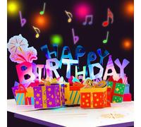 Magic Ants Carte d'anniversaire pop-up avec musique et lumière LED - Carte Happy Birthday 3D avec boîtes cadeaux et feux d'artifice - Cadeau pour femmes, filles, enfants, grand-mère, maman - Avec