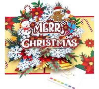 Magic Ants Carte de Noël pop-up 3D pour femme - Inscription « Merry Christmas » avec flocons de neige, bonhomme de neige, poinsettia et décoration festive - Enveloppe et cartes de notes incluses