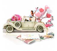 Magic Ants Just Married Carte de mariage pop-up 3D - Just Married avec motif de voiture classique et floral - Carte romantique pour mariée et marié, fiançailles, fête prénuptiale, nouveaux mariés