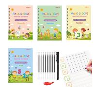 Magic Practice Scribe Book Set,Livre Cahier Calligraphie Enfant Réutilisé,4 Livres Calligraphie Enfant Magique + 1 Stylo + 10 Recharges +1 Grip,Guide Doigts Ecriture Enfant Pour 3-5 Ans-English
