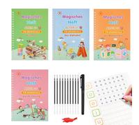 Magic Practice Scribe Book Set,Livre Cahier Calligraphie Enfant Réutilisé,4 Livres Calligraphie Enfant Magique + 1 Stylo + 10 Recharges +1 Grip,Guide Doigts Ecriture Enfant Pour 3-5 Ans-German
