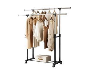 MAGIC SELECT Portemanteau Double. Portemanteau sur Pied, Extensible avec Roulettes, 2 Barres Supérieures et Étagères de Rangement Inférieures. Portant à Vêtements Résistant, à Hauteur Réglable.