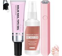 Magic Solid Nail Glue Kit 3-in-1 Nail Art Kits, Solid Nails Tips Gel + Nails Glue Remover + Handheld UV Lamp (1set)