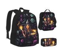 Magic Witch Witchcraft Sac d'école, sac à déjeuner, trousse à crayons pour l'école, le camping, les voyages, Noir , Taille unique