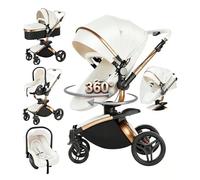 Magic ZC 360° Rotative Cuir PU Poussette 3 en 1, Pousette Bebe avec Mode Double Réversible, Poussette Combinée Cadre en Alliage d'aluminium, Pousette Citadine Nacelle Grande Pliable (906 White)