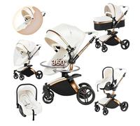 Magic ZC 360° Rotative Cuir PU Poussette 3 en 1, Pousette Trio Portable Pliable en Un Clic, Poussette Combinée avec Réversible Bidirectionnelle, Pousette Bebe avec Accessoires (906 White)