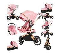 Magic ZC 360° Rotative Cuir PU Poussette 3 en 1, Pousette Trio Portable Pliable en Un Clic, Poussette Combinée avec Réversible Bidirectionnelle, Pousette Bebe avec Accessoires (906 Pink)