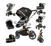 Magic ZC 360° Rotative Cuir PU Poussette 3 en 1, Pousette Trio Portable Pliable en Un Clic, Poussette Combinée avec Réversible Bidirectionnelle, Pousette Bebe avec Accessoires (906 Black)