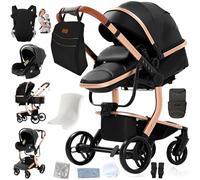 Magic ZC Cuir PU Poussette 3 en 1, Poussette Bebe avec Conception Portable Pliable en Un Clic, Pousette 3 en 1 avec Poussée Réversible Bidirectionnelle, Poussette Canne avec Accessoires (L518 Black)