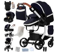 Magic ZC Cuir PU Poussette 3 en 1, Poussette Bebe avec Conception Portable Pliable, Pousette 3 en 1 avec Poussée Réversible Bidirectionnelle, Poussette Canne avec Accessoires (L518 Silver Blue)