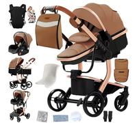 Magic ZC Cuir PU Poussette 3 en 1, Poussette Bebe avec Conception Portable Pliable Un Clic, Pousette 3 en 1 avec Poussée Réversible Bidirectionnelle, Poussette Canne avec Accessoires (L518 Brown)