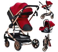 Magic ZC Poussette 3 en 1, Pousette Bebe avec Mode Double Poussée Réversible, Poussette Combinée Cadre en Alliage d'aluminium, Pousette Citadine Nacelle Grande Pliable Haut Paysage (739 Red)