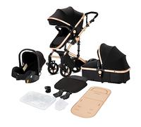 Magic ZC Poussette 3 en 1, Pousette Trio avec Conception Portable Pliable en Un Clic, Poussette Combinée avec Réversible Bidirectionnelle, Pousette Bebe avec Accessoires (588 Black Gold)