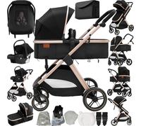 Magic ZC Poussette 3 en 1, Poussette Bebe avec Mode Double Poussée Réversible, Pousette 3 in 1 avec Nacelle Grande, Pousette Trio Cadre en Alliage d'aluminium Pliable Haut Paysage (V10 Black Gold)