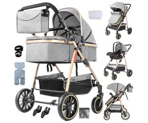 Magic ZC Poussette 3 en 1, Poussette Bebe avec Mode Double Poussée Réversible, Pousette 3 in 1 avec Nacelle Grande, Pousette Trio Cadre en Alliage d'aluminium Pliable Haut Paysage (V8 Gray)
