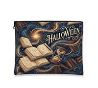 Magical Library Trousse de maquillage avec citation d'Halloween, noir foncé | Scène de bibliothèque magique, pochette de maquillage zippée, sablier mystique, gothique, esthétique