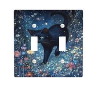 Magical Night Sky Cat Light Switch Plaque de couverture pour interrupteur, félin noir avec étoiles et fleurs pour décoration d'intérieur, plaques murales thermoplastiques, taille standard double