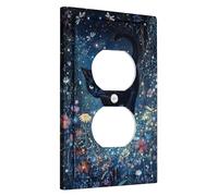 Magical Night Sky Cat Light Switch Plaque de couverture pour interrupteur, félin noir avec étoiles et fleurs pour décoration d'intérieur, plaques murales thermoplastiques, prise duplex simple de