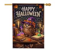 Magical Owl Witch Drapeau de maison avec citation d'Halloween 71,1 x 101,6 | Chapeau de sorcière, drapeau de cour, livres de sorts, potions lumineuses, runes mystiques, bibliothèque magique