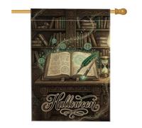Magical Spellbook Drapeau de maison avec citation d'Halloween 71,1 x 101,6 | Scholarly Gothic, drapeau de cour, fond de bibliothèque, symboles magiques, sablier, plume plume, décoration gothique