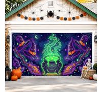 Magical Witch Chaudron Scène Halloween Porte de Garage Couverture de Porte | Potion vert fluo, bannière de porte de garage, chapeaux de sorcière flottants, horizon nocturne étoilée, accents de balai