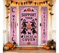 Magical Witch Coven Lot de 3 housses de porte d'entrée avec citation | Fantastique coven de sorcière, bannières verticales, scène de feu de camp mystique, esthétique gothique pêche