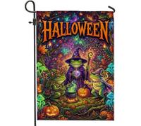 Magical Witch Frogs Drapeau de jardin amphibien Halloween 30,5 x 45,7 cm | Chaudron magique, drapeau de pelouse, feuilles d'automne, champignons lumineux, chapeau de sorcière, fond de forêt étoilée