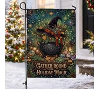 Magical Witchy Holiday Citation Chaudron Drapeau de jardin 30,5 x 45,7 cm | Chapeau de sorcière, drapeau de pelouse, fond céleste, bouteilles d'apothicaire, verdure d'hiver, citation fantaisie